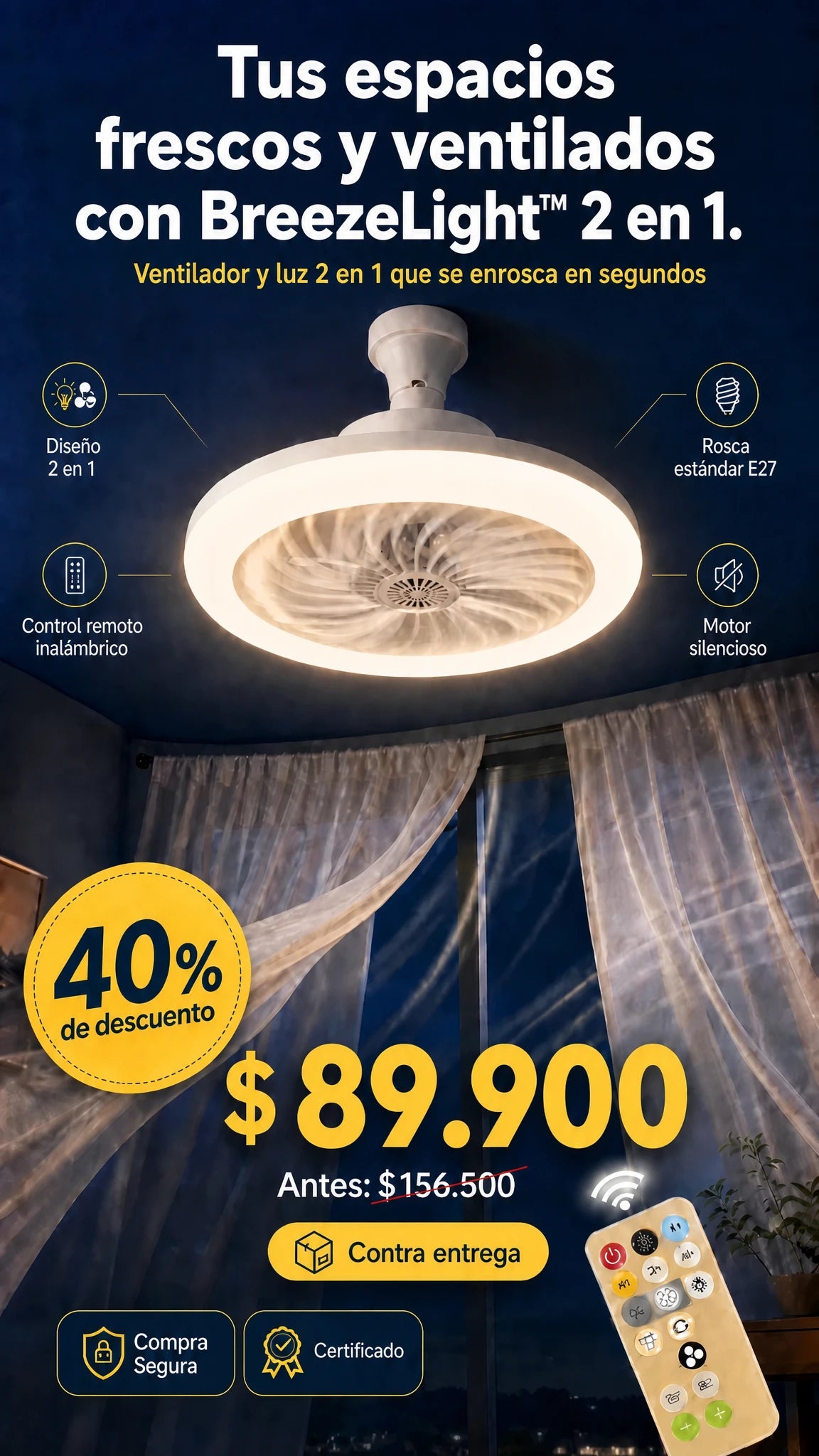 BreezeLight™ - Luz y ventilador en segundos, sin instalación